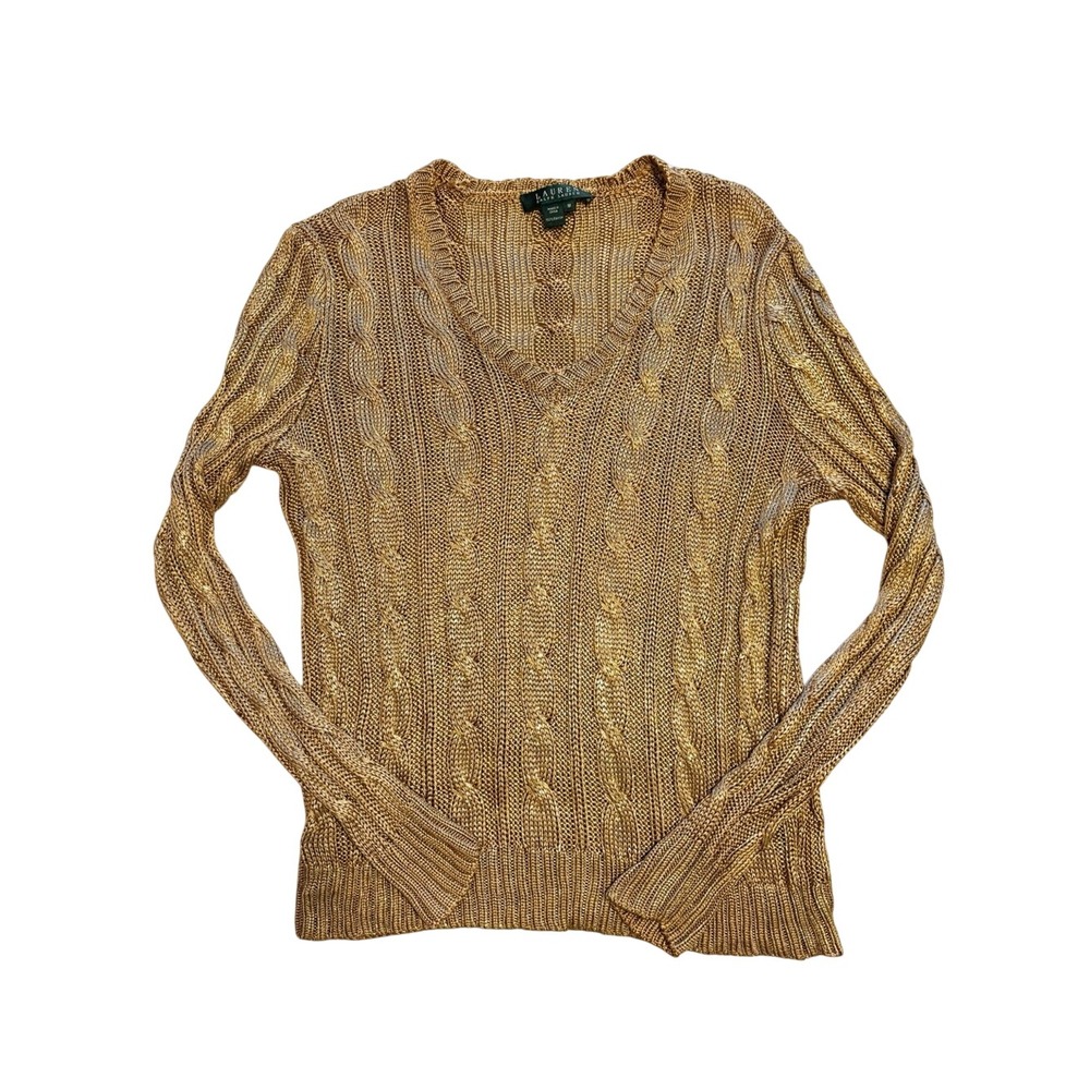 Lauren Ralph Lauren Metallic Gold Cable Knit V-neck Sweater size Medium